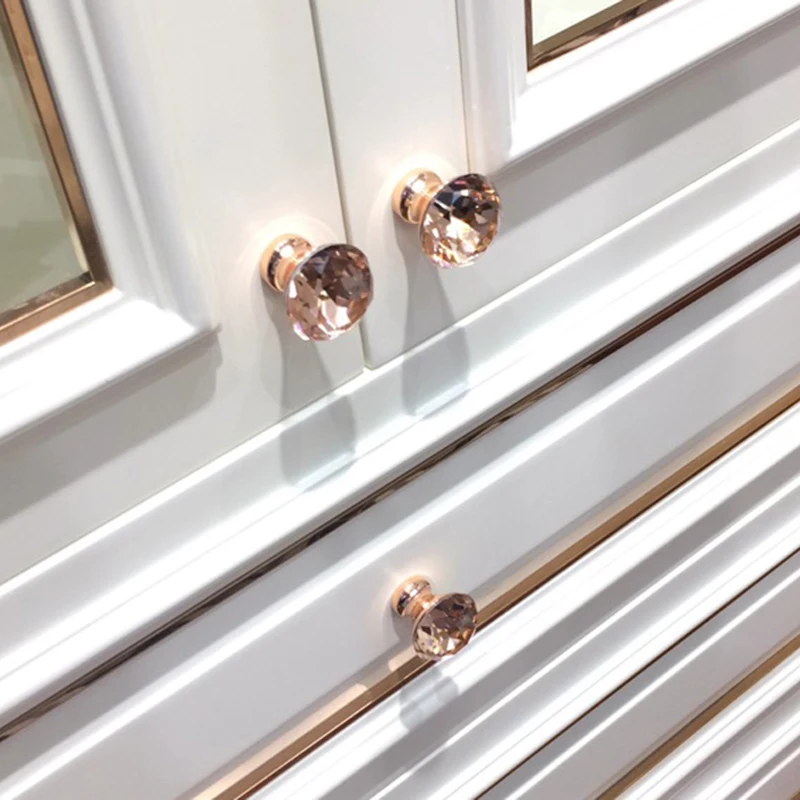 1PCS 30mm Diamond Crystal Glass Door Knobs Furniture Handle Drawer Cabinet Kitchen Wardrobe Pull Knobs Rose Gold Color