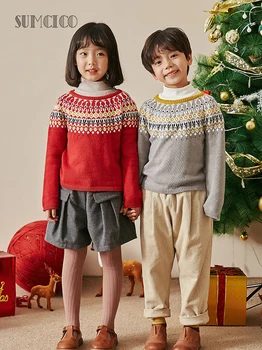 

Sumcico 2020 Latest Children's Christmas Pattern Jacquard Sweater Toddler's O-Neck Geometric Cotton Wool Casual Sweater Age2-15Y