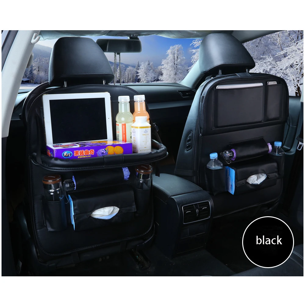 Сумка-накладка из искусственной кожи для автомобильного сиденья, подвесная сумка для автомобиля с несколькими карманами, складная сумка для хранения обеденного стола, хранение автомобильного сиденья - Цвет: Черный