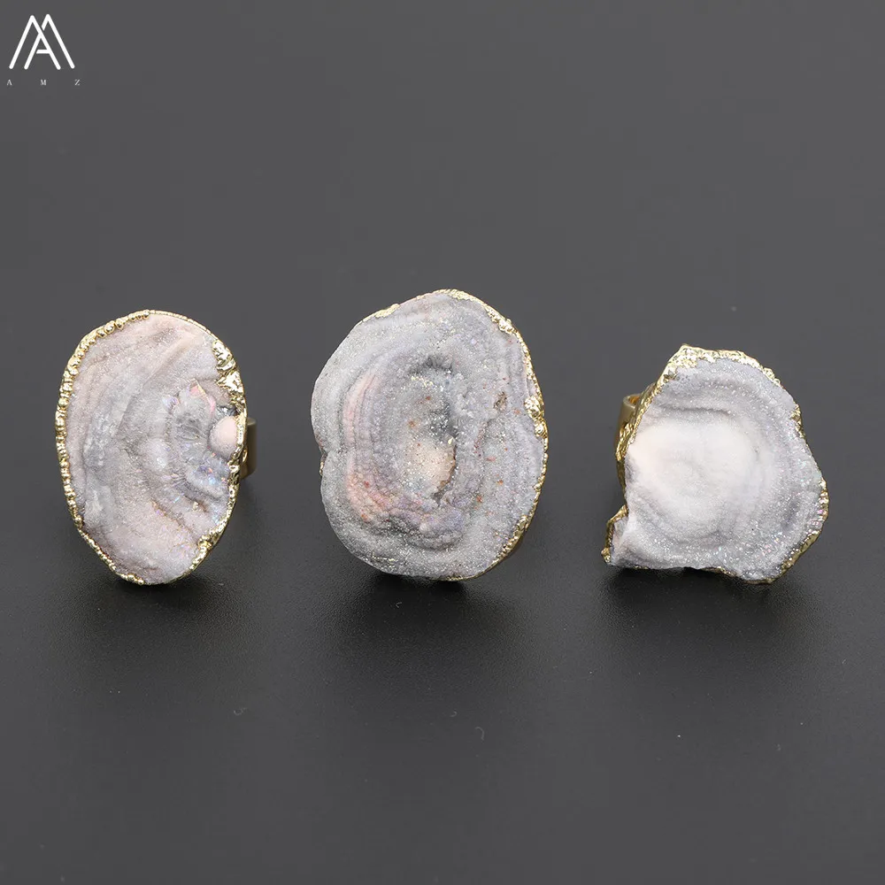 Random Sales Irregular Druzy Drusy Agates Ring Women Craft,Plated Gold Agates Stone Ring For Girl's Friendship Gift YT-158AMAJ