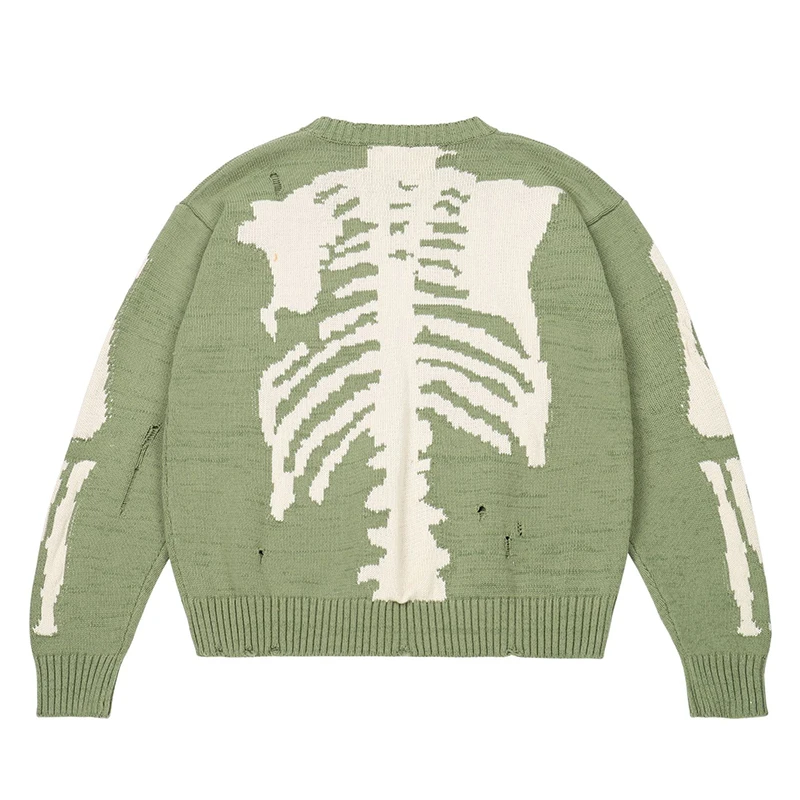 pull femme Oversized Sweater Green Loose Skeleton Bone Print Women's Quality High Street Damage Hole Vintage Knitted Sweater brown cardigan