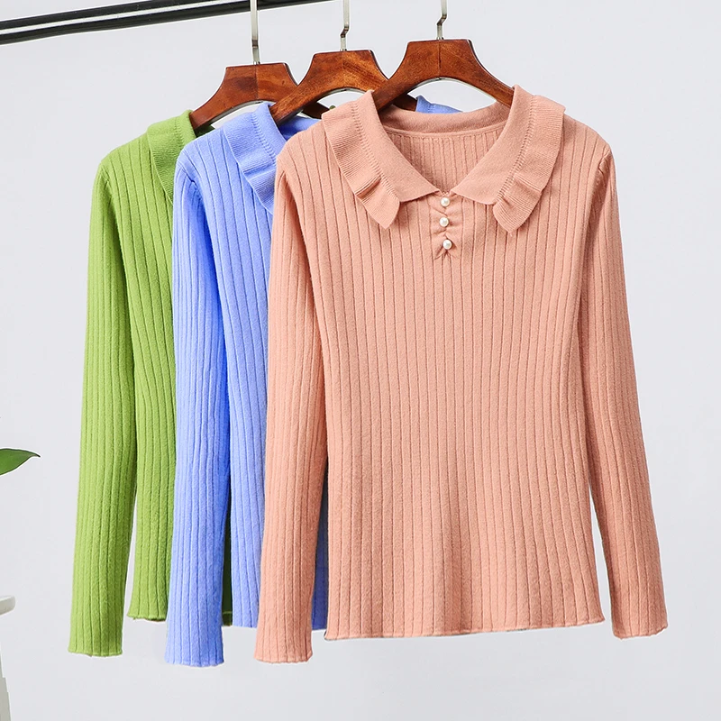 

Fashion Beading Turn-down Collar Sweater Women Autumn Winter Solid Knitted Pullover Women Slim Soft Jumper Female Knit Tops 2019