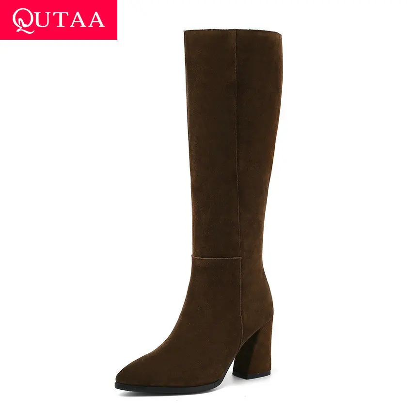 QUTAA 2020 Pointed Toe Square High Heel All Match Knee Boots Cow Suede Zipper Casual Autumn Winter Women Shoes Size 34-40 | Обувь