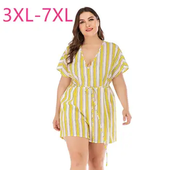 

New 2020 summer plus size women short sleeve loose casual deep v neck yellow stripe belt short jumpsuit 3XL 4XL 5XL 6XL 7XL