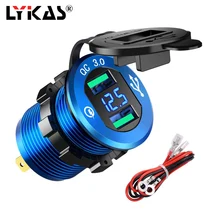 LYKAS Dual USB Car Charger Voltage Display Quick Charge 3.0 Aluminum Alloy USB Power Adapter for 12V 24V Car Motorcycles