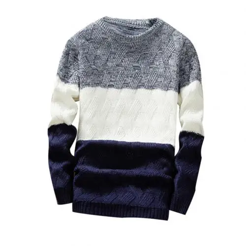 Мужские осенние свитера с круглым вырезом и длинным рукавом, свитер в стиле пэчворк, облегающий вязаный пуловер, свитер на осень и зиму - Color: Navy Blue
