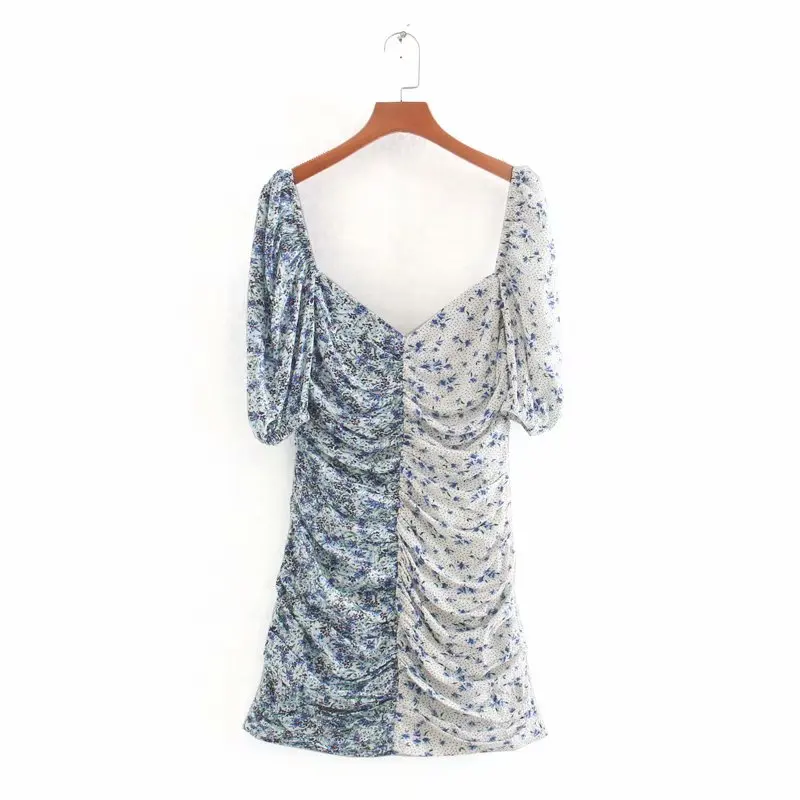 New 2020 women elegant v neck patchwork flower print pleated dress puff sleeve pleats chiffon vestidos chic slim dresses DS3571 New 2020 women elegant v neck patchwork flower print pleated dress puff sleeve pleats chiffon vestidos chic slim dresses DS3571