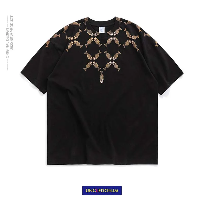 

UNCLEDONJM Fish bones Men T shirt O-neck Men T shirt Loose Hip hop Tops Tees Streetwear Short Sleeve T shirts jz-1153