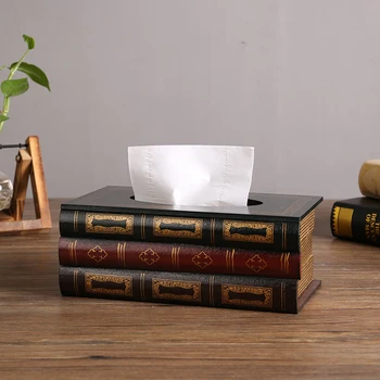 

European American Accents Vintage Coffee Green Red Book Design Rectangle Shaped Wooden Tissue Box Home Decor Table Napkin Holder
