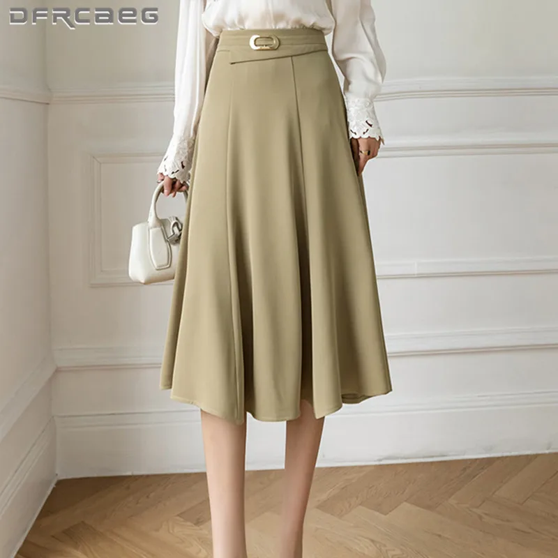 

Korean Style Casual Women's A-Line Skirts With Metal Buckle 2022 Summer Elegant Fashion Work Office Mid-Long Skirt Female