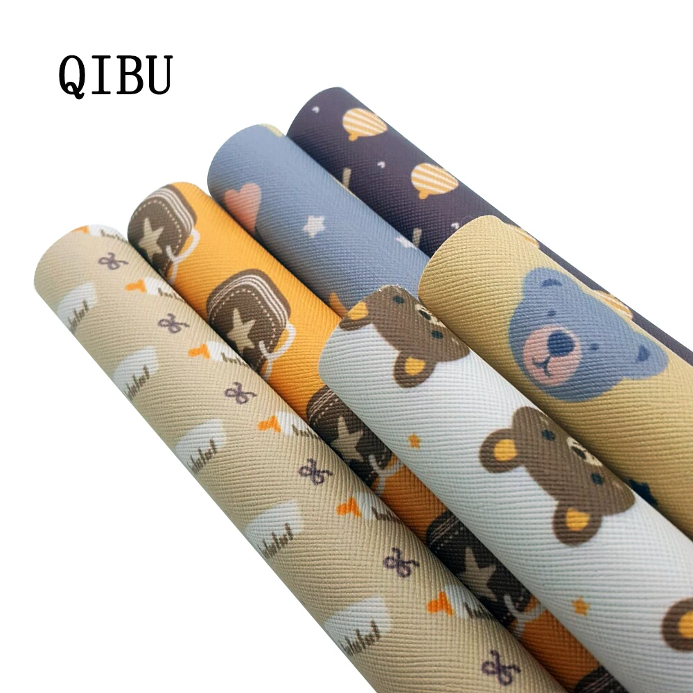 

QIBU 1pcs Printed Faux Leather Cartoon Animal Vinyl Bow Fabric PU Leather DIY Hair bow Handbag Sheets Synthetic Leather 22*30cm