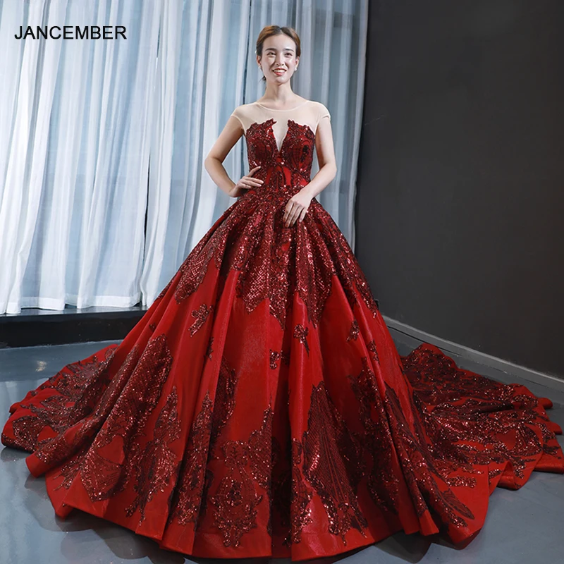 

J66948 jancember sexy evening dress satin o neck short sleeve lace up ball gown wine red formal dresses платье женское вечернее