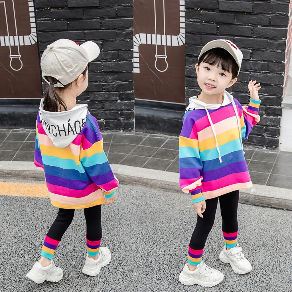 Toddler Girl Winter Clothes Cotton Rainbow Hooded Striped Sweatshirt