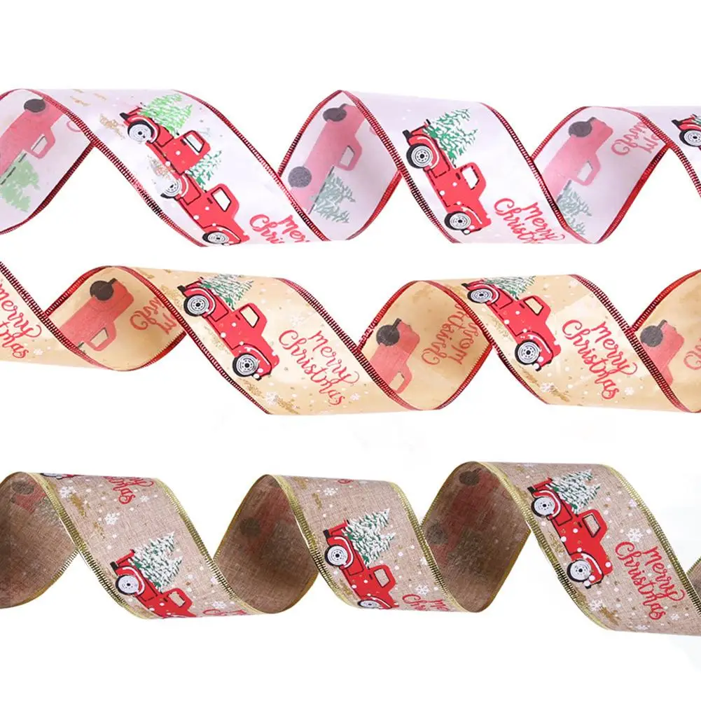 

10M Christmas Truck Wired Edged Ribbon fine linen ribbon for Christmas Tree Decoration ribbon print New Year Wedding Decoration