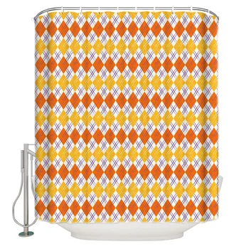 

Orange Yellow Diamond Tile Pattern Extra Long Fabric Bath Shower Curtains Mildew-resistant Bathroom Decor with Hooks