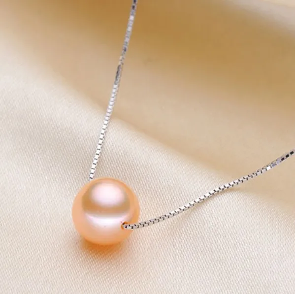 

Free shipping Simple S925 silver jewelry women high quality natural round genuine pearl single bead pendant necklace 8-9mm