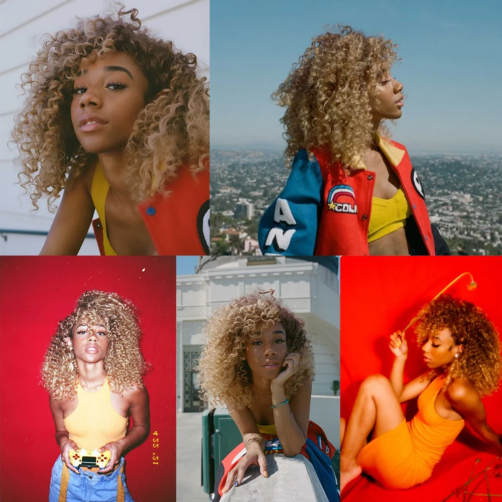 Afro Kinky Curly Wig With Bangs Short Synthetic Wigs For Black Women Omber Brown Blonde Glueless Cosplay Hair High Temperature