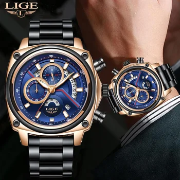 

Mens Watches LIGE New Military Sport Clock Male Stainless Steel Business Quartz Watch Men Waterproof Watch Relogio Masculino+Box