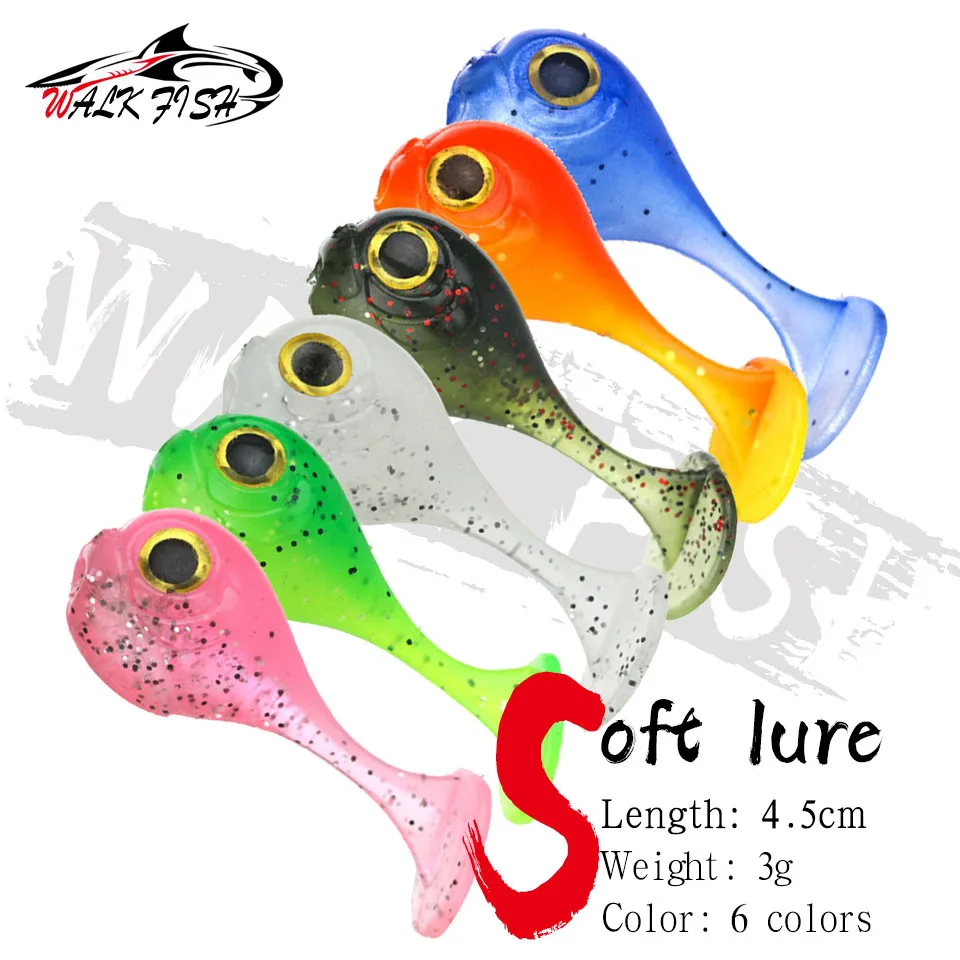 WALK FISH 6Pcs/Lot Big Head Soft Lure Artificial T-Tail Soft Fishing Baits  Lifelike Two-color Silicone Attractive Crankbaits