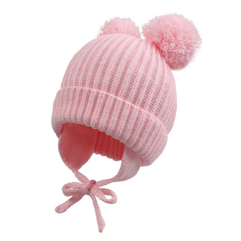Однотонная Детская шапка-ушанка, утолщенная теплая шапка для мальчиков и девочек ясельного возраста, шапка из полиэстера, зимняя шапка с помпоном с шинремнем