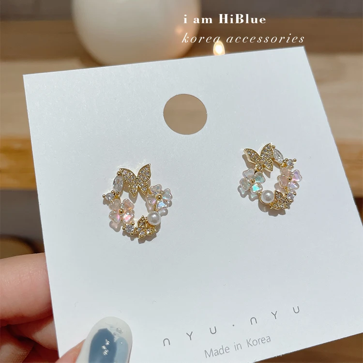 Korean new design fashion jewelry 14K gold plating zircon shell flower butterfly earrings elegant women’s wedding accessories