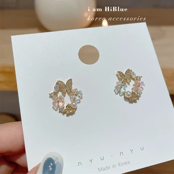 Korean new design fashion jewelry 14K gold plating zircon shell flower butterfly earrings elegant women’s wedding accessories