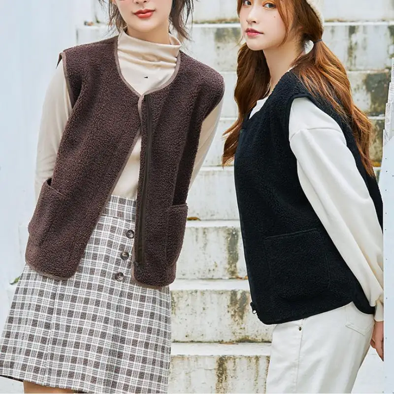 Vest Jacket New Women Solid Short Loose Lambs Plush Vest Women's Fall Winter Korean Style Sleeveless Female Coats Warm Waistcoat 1