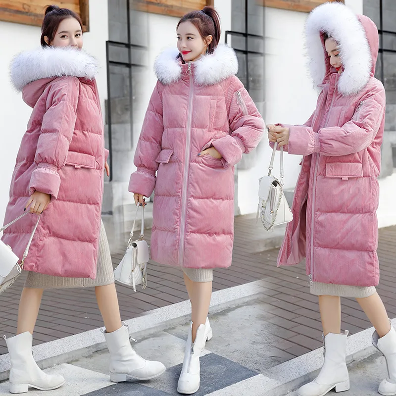

New Style Corduroy Mid-length Cotton-padded Clothes Solid Color Elegant Ladies' Elegant Smart Winter Coat