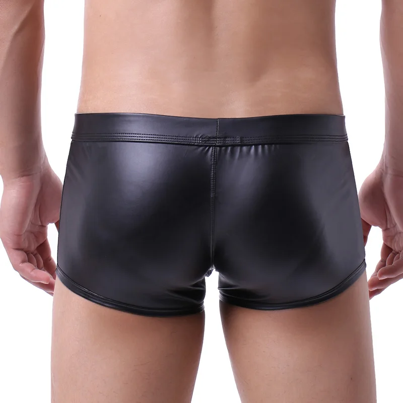 Men Boxer Shorts Gay Big Penis Bag Underwear Sexy Low Waist Patent Leather Buttons Erotic Boxer Cueca U Convex Underpants Shorts 2