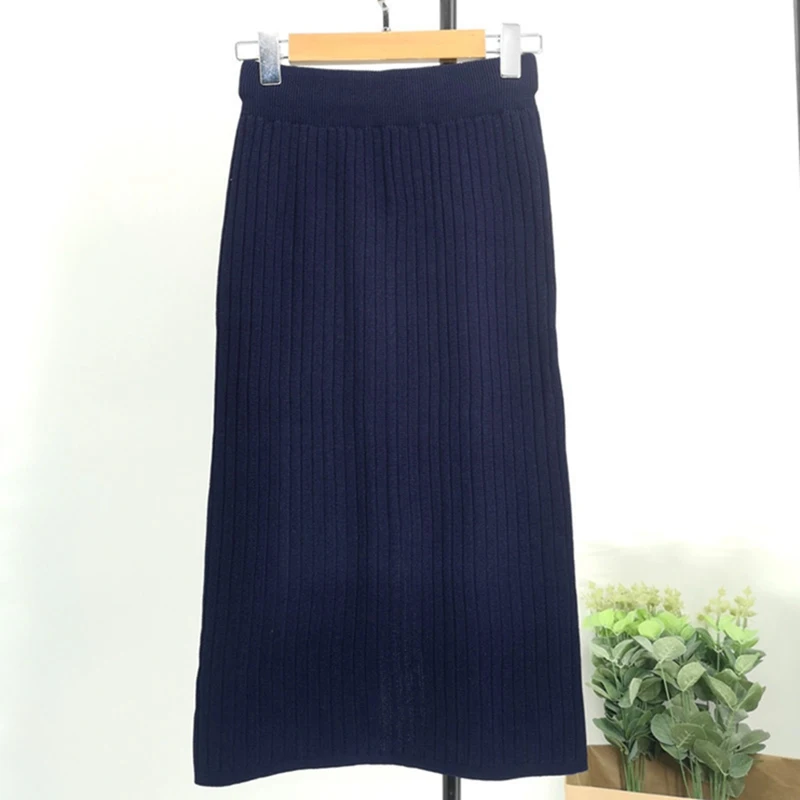 Женская Длинная трикотажная юбка осень зима женские плиссированные юбки миди макси тонкая облегающая юбка однотонная женская офисная одежда юбка - Цвет: Dark Blue 63cm