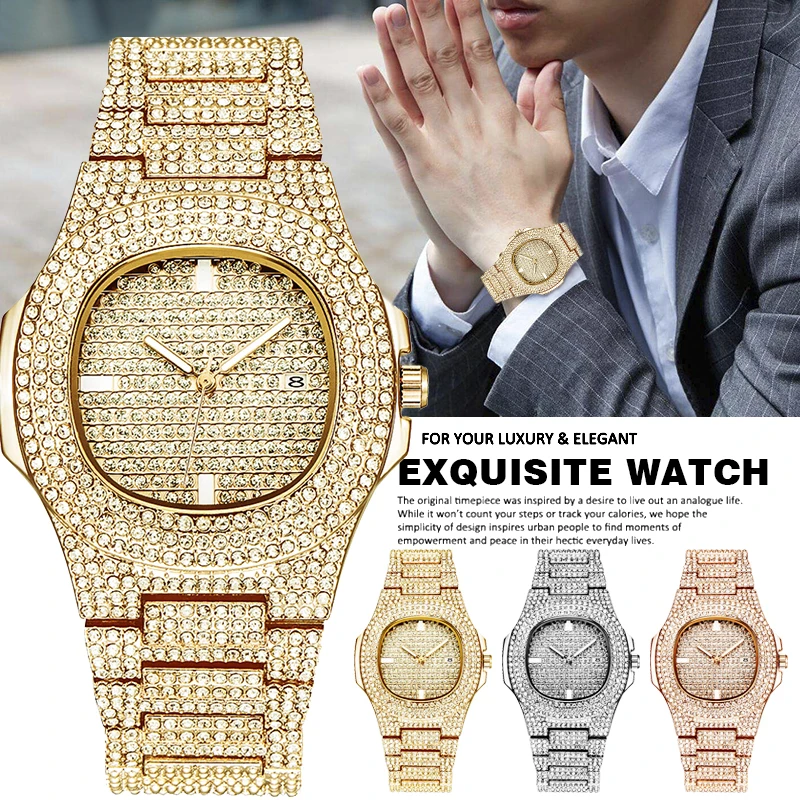 Luxury Men Watch Full Crystal Diamond Dial Male Wristwatch Rose Gold Sliver Stainless Steel Band Reloj Man Golden Wrist Watches