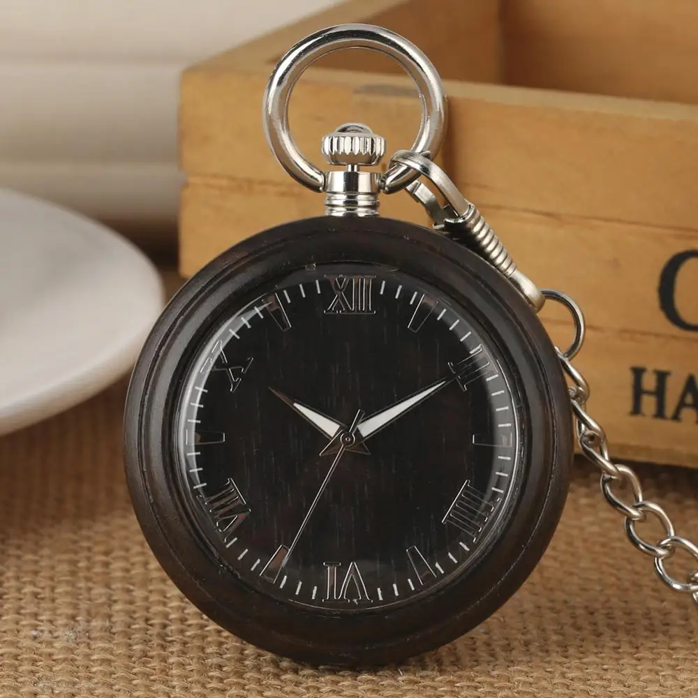 Natural Wood Pocket Watch Quartz Analog Open Face Pendent Watch Natural Wooden Chain Clock Gift for 3