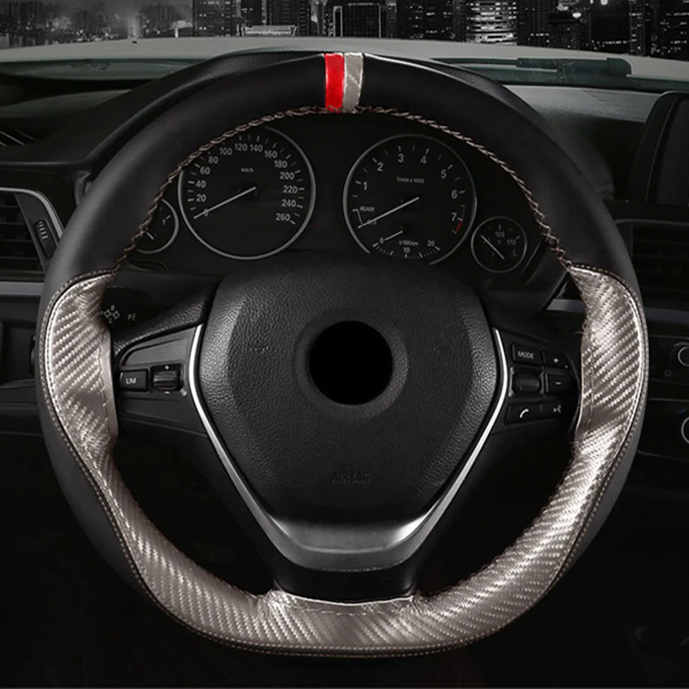 15 inch/38 cm Anti-slip Car Steering Wheel Cover DIY Carbon Fiber And Thread Soft Leather Auto Car Steering Wheel Covers
