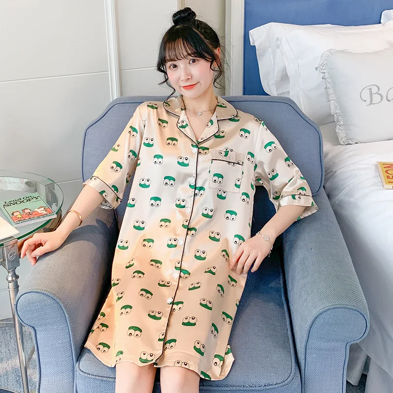 

[Temperature Attitude Warm] Spring Summer Pajamas WOMEN'S Cardigan Long Sleeve Mid-length-Printed Thin Shirt Nightgown
