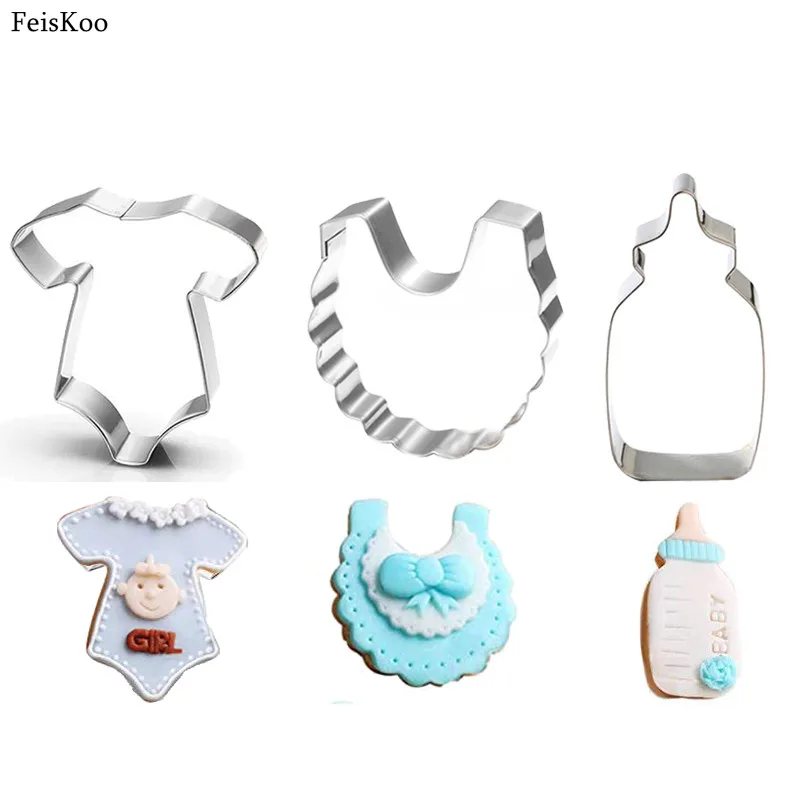 

3pcs Lovely Baby Cookie Mold Set Stainless Steel Cloth Bib Feeding Bottles Biscuit Cutter Home Diy Cookie Decoration Mould
