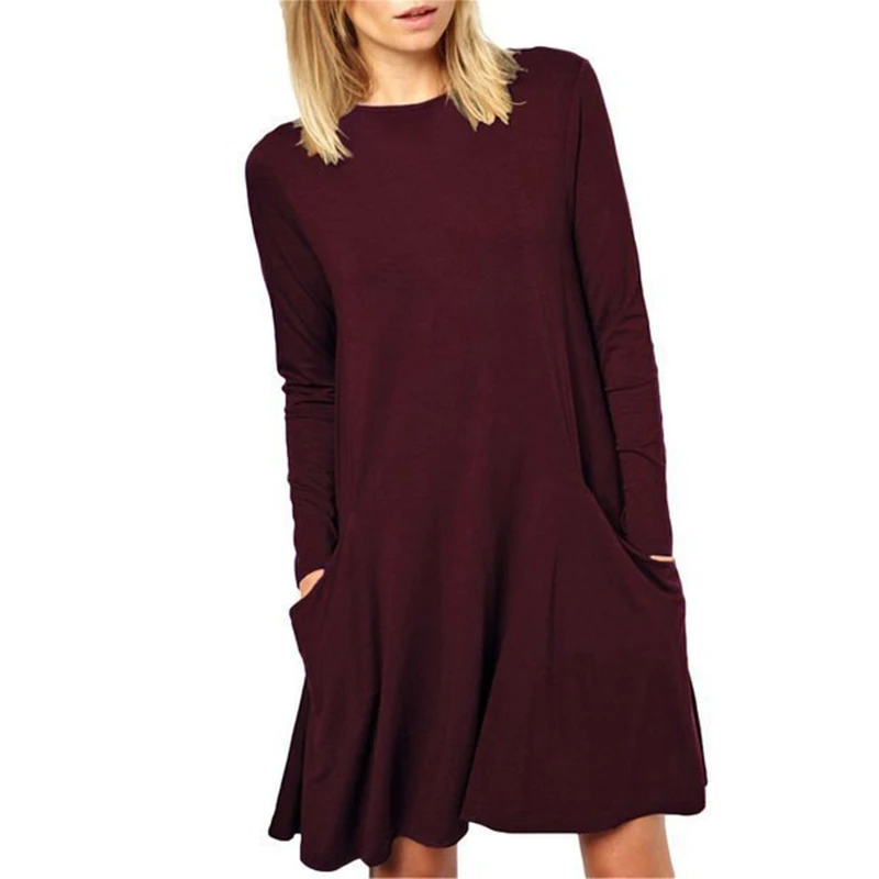 Newest Long Sleeve Boat Neck Maternity Gown Casual Loose Soft Maternity Dresses with Pockets Solid Plus Size Pregnant Dress