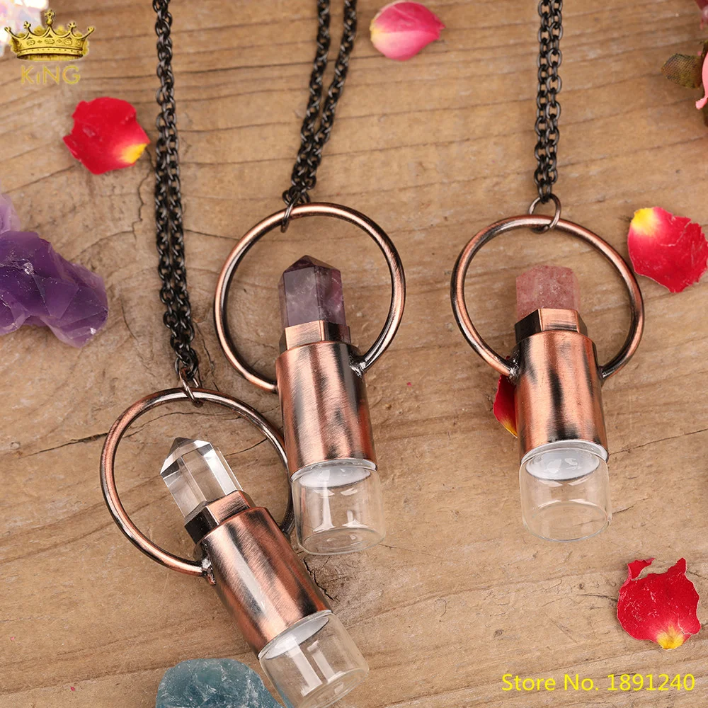 2ML Natural Pink Roses White Amethysts Quartz Crystal Perfume Essential Oil Diffuser Roll On Bottle Pendant Necklace Women Gift