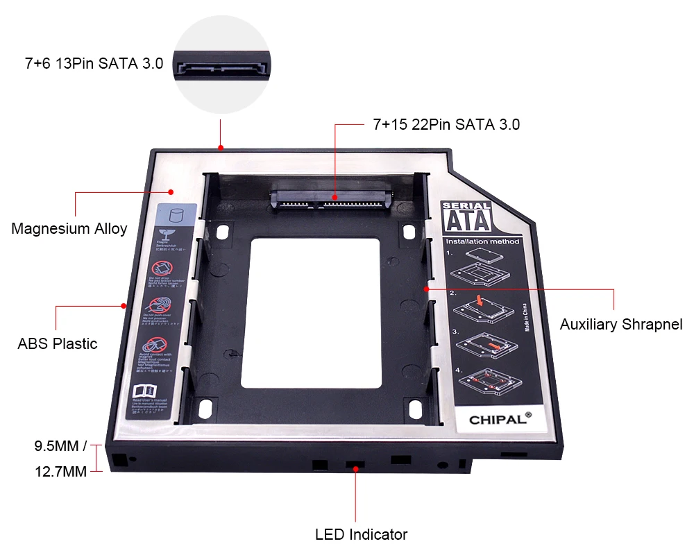 CHIPAL Universal SATA 3.0 LED 2nd HDD Caddy 9.5mm 12.7mm for 2.5" 2TB SSD Case Hard Disk Enclosure for Laptop CD-ROM DVD-ROM best external hard drive enclosure