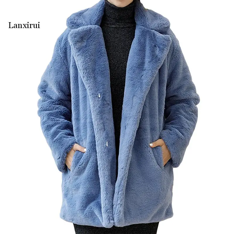 

Зимнее женское высококачественное пальто из искусственного кроличьего меха, роскошное меховое пальто, Свободное пальто с лацканами, толстые теплые женские плюшевые пальто