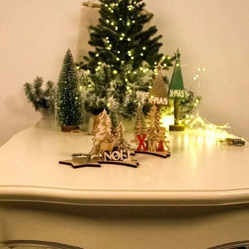 Wood Painted DIY Christmas Candlestick Pentagram Noel Xmas Letter New Year Party Desktop Christmas Decorations