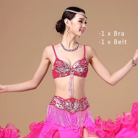 Fuchsia Bra and Belt Одежда для сцены и танцев, профессиональные Костюмы для восточных танцев для женщин, комплект из 2 предметов, расшитый блестками костюм для танца живота, бюстгальтер и пояс для женщин - Цвет: Fuchsia Bra and Belt