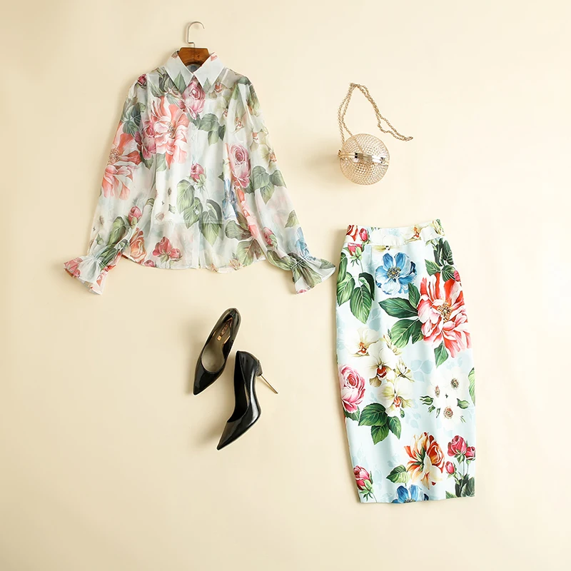 Женский элегантный подиумный костюм шифоновая блузка с цветочным принтом и юбка