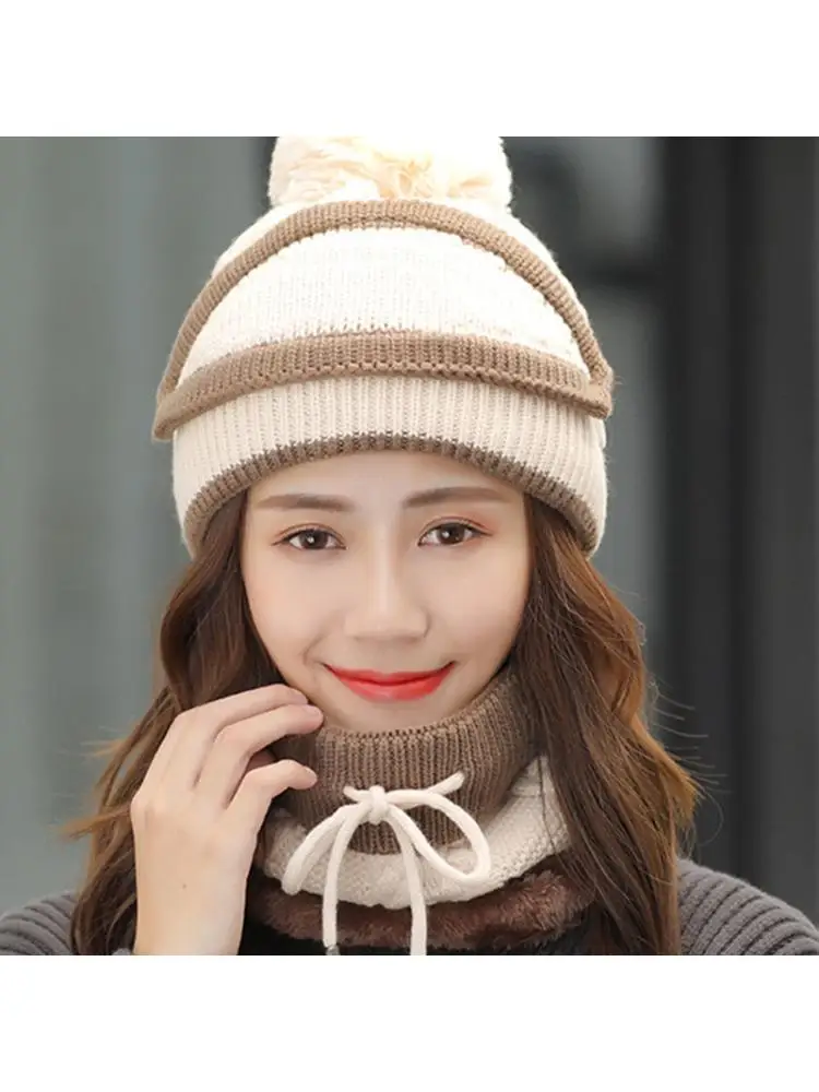 

Women Winter 3 In 1 Plush Lined Knit Pompom Beanie Hat Scarf Face Cover Mask Set X7XE
