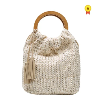 

Wooden Handle Shoulder Bags For Women 2020 Fashion Tassel Handbags Lady Travel Straw Hand Bag Weave Small Hand Bag Totes