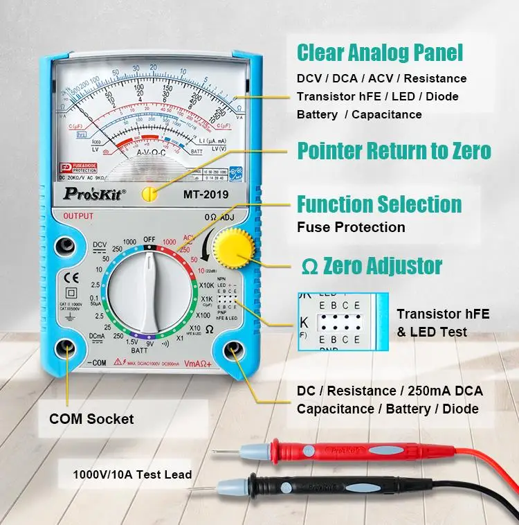 Pro'skit AC/DC Analog Graph Pointer Multimeter Ammeter Measured Capacitance Resistance Current Voltage Protection Function Meter tube micrometer