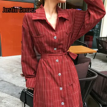 

Vintage Fall Coat Women Red Plaid Retro Over Knee Long Coats Belt Lapel Collar Trench Office Coat Women's Clothes for Autumn