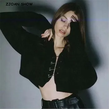 

2020 Spring Korea Style Vintage Black Big pin Cardigan Sweater Sexy V neck Long Sleeve Loose Short Jumper