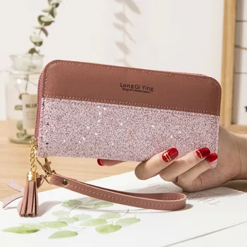 

Women's Glitter Leather Long Wallets with Wristle Luxury Female Patchwork Purse Lady Clutch Cellphone bag fit Iphone 8 Plus