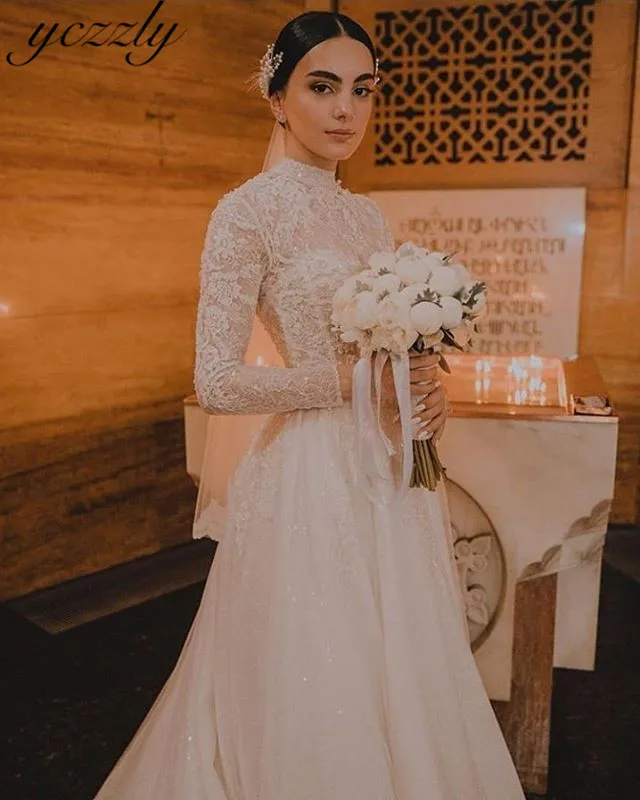 Vestido De Noiva роскошное с высоким воротом платье трапециевидной формы одежда с длинным рукавом свадебное платье мусульманское плюс Размеры аппликации кружевные со стразами Свадебные платья Y02
