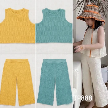 

Misha and Puff Child Girl Summer Knitting Clothes Sets Sleeveless Drape Style High Quality Kid Girl Vest and bell-bottomed pants